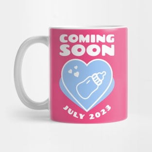 Coming soon. July 2023 birthday. Baby Announcement. Feeding Bottle Mug